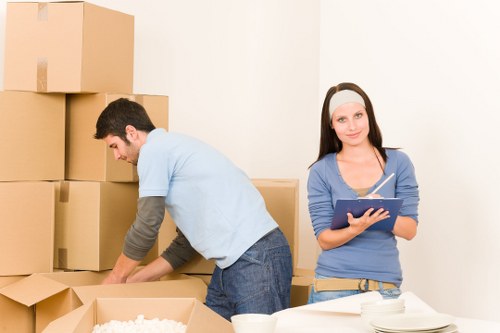 Packed business items ready for transport during a West Ealing relocation